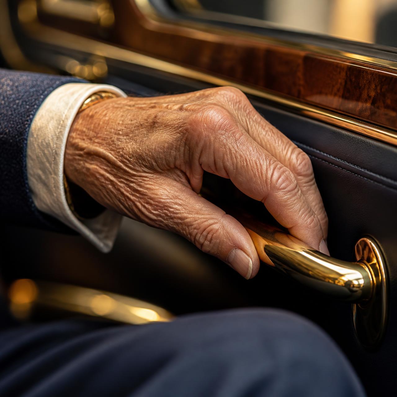 Elderly passenger's hand on a polished brass grab handle