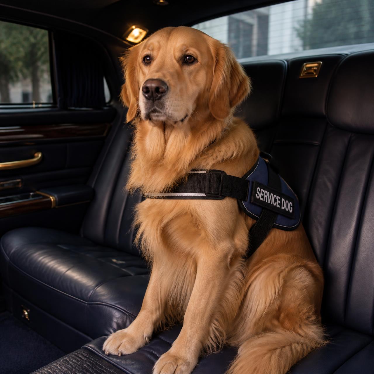 Service dog seated in a luxury vehicle interior